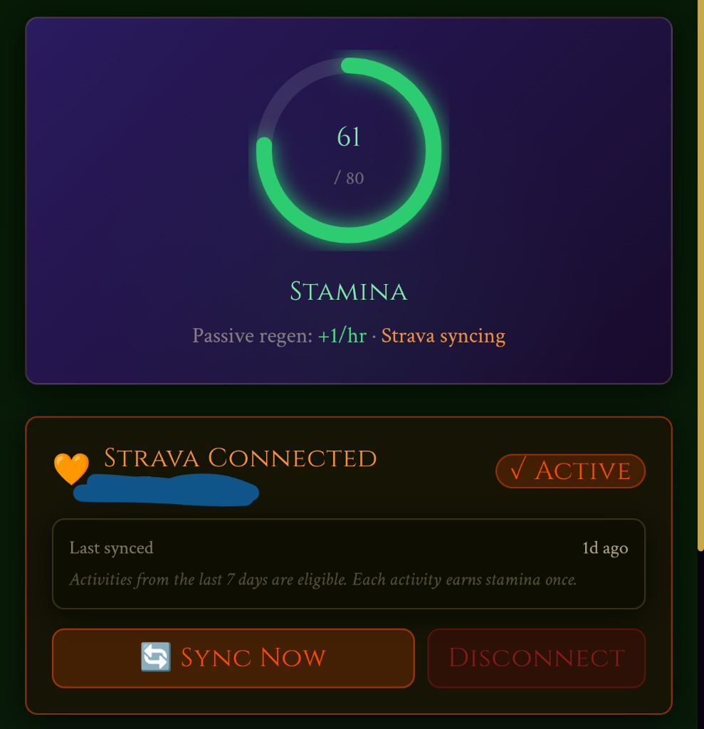 Stamina screen showing Strava sync